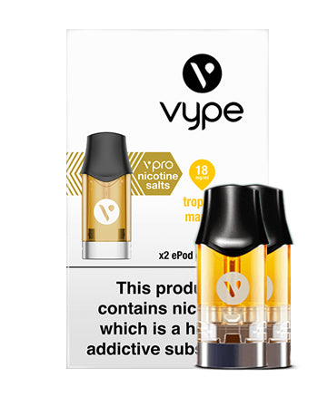 Tropical Mango ePod vPro Prefilled Vape Pods by Vype features a punchy, juicy tropical mango eliquid bursting with flavour and aroma perfect for the sweet fruity vape lovers  Vype vPro cartridges for the Vype ePod with nicotine salts are made in the UK from premium ingredients to evolve your vaping experience London Vape House