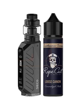The Aspire Deco vape kit is a reliable sub-ohm kit that combines style with performance, recommended for intermediate and experienced vapers. Powered by your choice of either a 18650 or 21700 vape battery (sold separately) it's capable of a 100W max output (with 21700 battery).Loose Cannon is a true tobacco blend featuring strong tobacco notes with nutty undertones finished off with hints of caramel for a satisfying vape. 