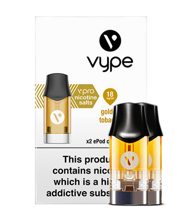Golden Tobacco ePod vPro Prefilled Vape Pods by Vype features a creamy, soothing caramel flavour blended with a rich tobacco body.  Vype vPro cartridges for the Vype ePod with nicotine salts are made in the UK from premium ingredients to evolve your vaping experience and assist to help you stop smoking. Nicotine salts occur naturally in tobacco leaves and we add them to our vPro cartridges to improve flavour and satisfaction. London Vape House