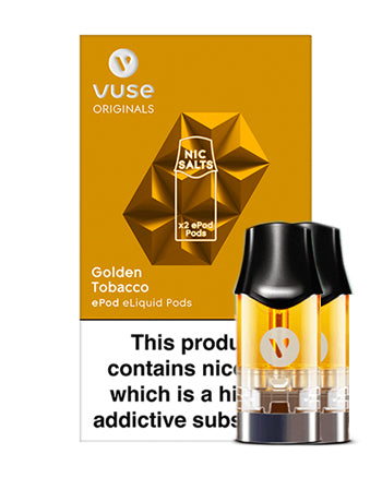 Golden Tobacco ePod vPro Prefilled Vape Pods by Vype features a creamy, soothing caramel flavour blended with a rich tobacco body.  Vype vPro cartridges for the Vype ePod with nicotine salts are made in the UK from premium ingredients to evolve your vaping experience and assist to help you stop smoking. Nicotine salts occur naturally in tobacco leaves and we add them to our vPro cartridges to improve flavour and satisfaction. London Vape House