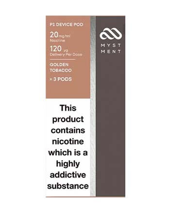 Golden Tobacco Pods by Myst P1 feature a traditional tobacco blend with a rich, smooth flavour. The e-juice produces a grounded taste, emulating the sensations of a tobacco cigarette. The earthy, full-bodied notes are present as you vape, giving you a unique vaping experience.  Golden Tobacco Myst Pods are compatible with the Myst P1 Device. These have been carefully developed for adult smokers looking to make the switch from cigarettes. London Vape House